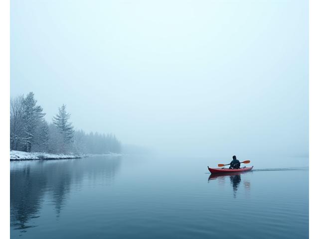Kayaker in a winter landscape with snow-covered trees