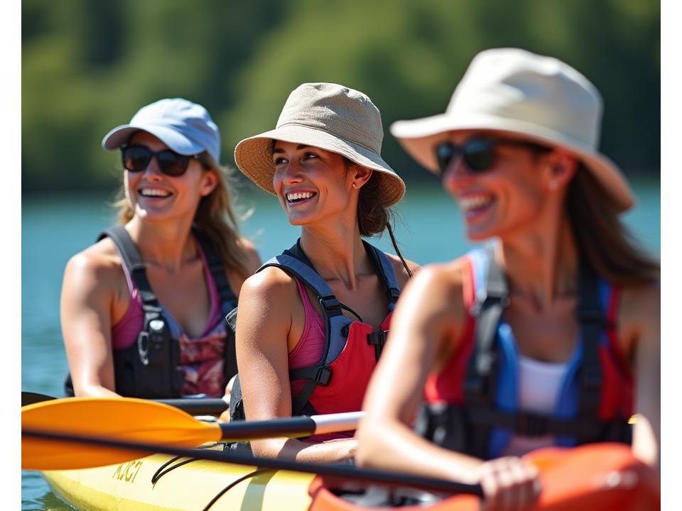 Diverse kayakers wearing different styles of kayaking hats, from technical caps to wide-brimmed hats, demonstrating various fits and sun protection levels.