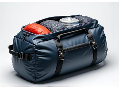 Large waterproof dry bag packed for an overnight trip, with sleeping bag visible.